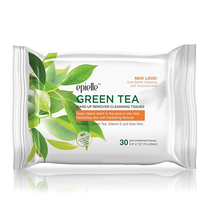 Epielle Green Tea Makeup Remover Wipes, Gentle Daily Facial Cleanser Towelettes, Remove Dirt, Oil & Waterproof Mascara, Stocking Stuffers, 30 Count (Pack of 6)