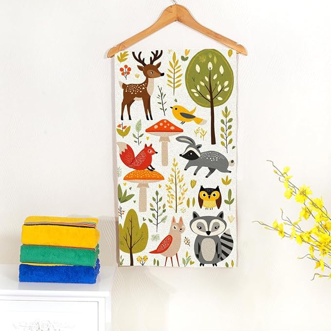 Summer Cute Woodland Animals Hand Towel Trees, Mushrooms and Berries Birthday Face Towels Suit Travel Sports Pool Swimming Bath Camping Spa Gym Yoga,15x30 Inch