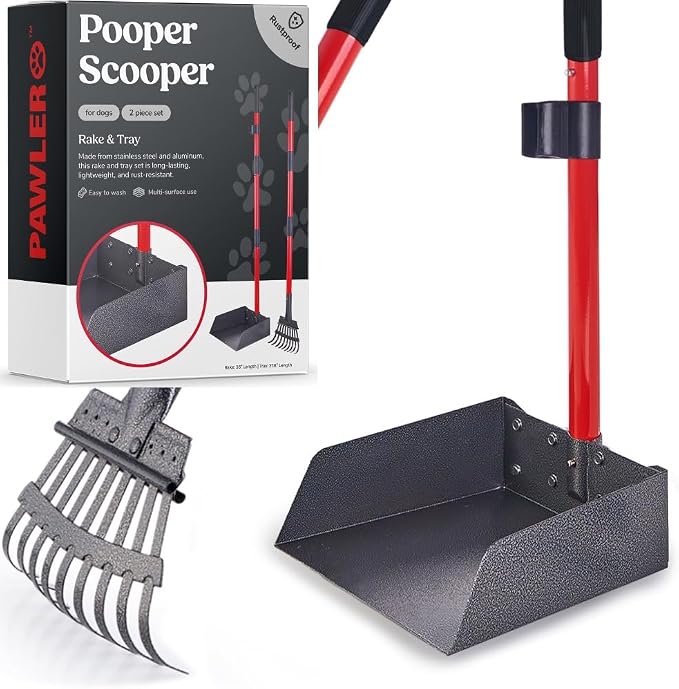 Pooper Scooper for Dogs with Long Handle Rake & Tray, Heavy Duty | Pawler Rustproof Aluminum Poop Scooper Set with 36+" Handles for Yard, Grass, Dirt & Gravel
