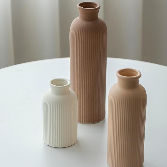 Modern Ceramic Vase Set, Earth Tone Natural Color Ribbed Matte Design, 3-Piece Decorative Vases for Home, Living Room, Office (Coffee Mix)