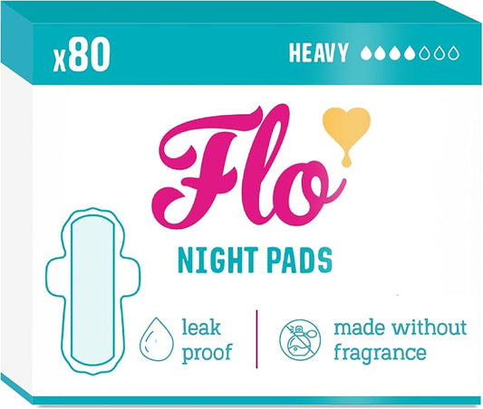 Flo - Night Menstrual Pads (80 Pack) - Organic Bamboo Period Pads for Women - Heavy Flow - Leak Locking - Winged, Ultra-Thin - Absorbent, Soft & Breathable - Plant Based – Vegan, Cruelty Free