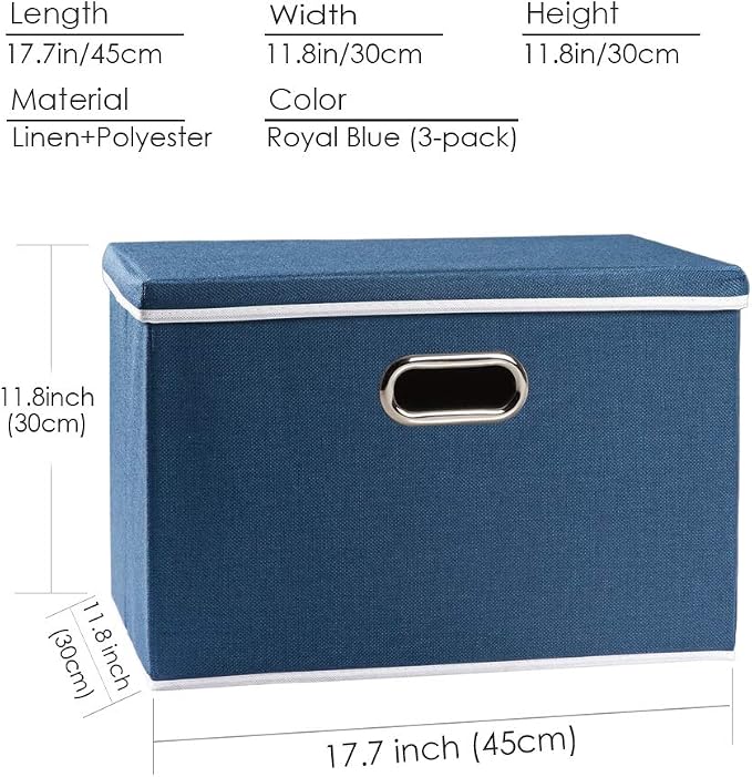 Large Collapsible Storage Bins with Lids [3-Pack] Fabric Foldable Storage Boxes Organizer Containers Baskets Cube with Cover for Home Bedroom Closet Office Royal Blue(17.7x11.8x11.8)