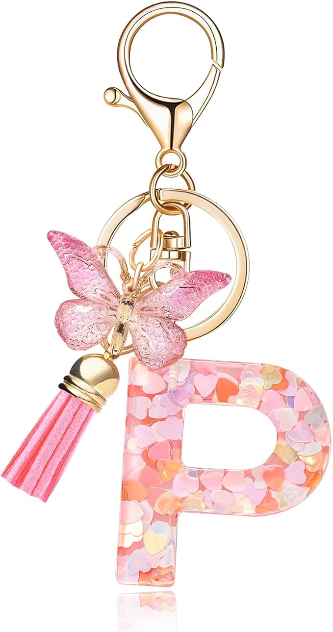 Fashion Alphabet Initial Letter Keychain Tassel Butterfly Pendant Key Ring for Purse Handbags Women Girl