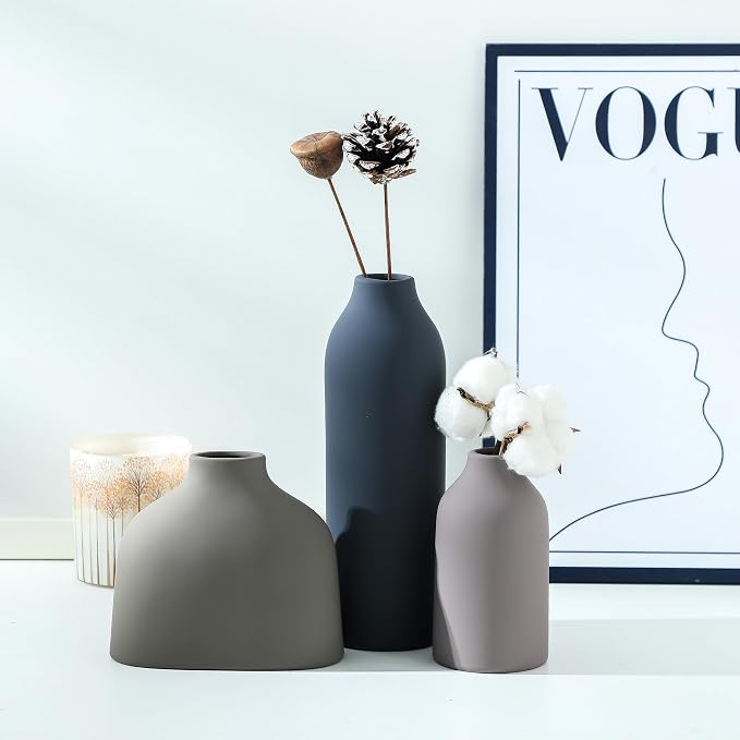 Enra Ceramic Vase Set of 3, Modern Decorative Vases for Home Decor | Three sizes with matte finishes, perfect for pampas grass, dried stems, shelves, mantels and neutral room styling.