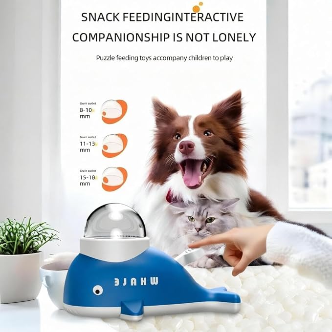 Interactive Dog Treat Dispenser Toy, Whale Shape Puzzle Feeder with Press Button and Rotating Design, White and Blue, Slow Feeding Game for Dogs and Cats