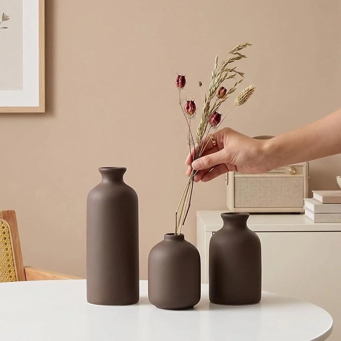 Small Ceramic Vase Set of 3,Modern Boho Farmhouse Flowers Vases | Decorative Vase for Dried Flowers,Pampas Grass,Home Decor,Shelf,Bathroom,Centerpiece for Entryway Table Distressed