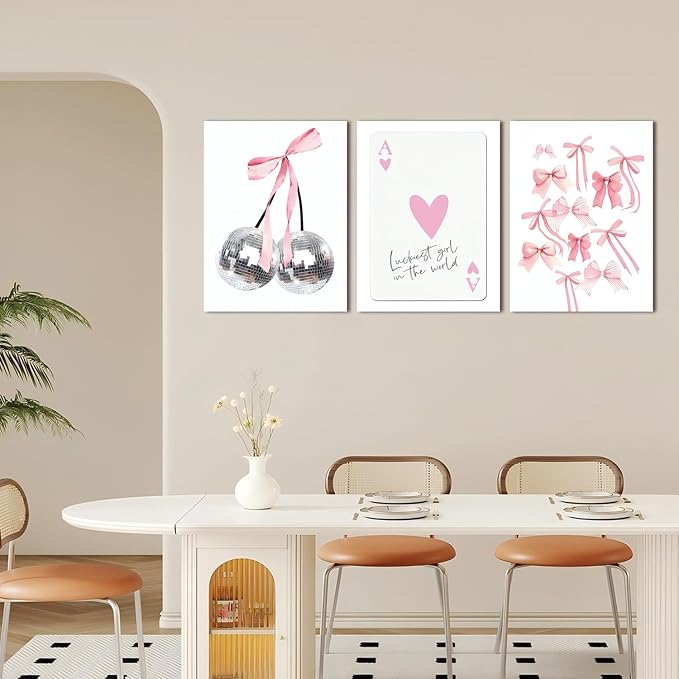 Trendy Pink Bows Wall Art Set of 3 Preppy Coquette Wall Decor Trendy Disco Ball Canvas Posters Prints Girly Aesthetic for College Apartment Bedroom Decoration Framed 16x24 In