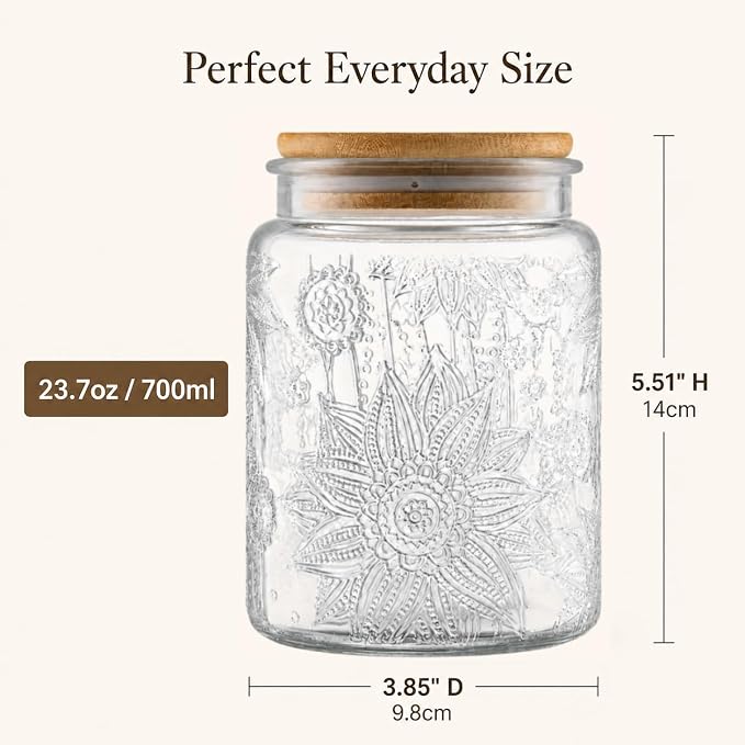 2 Pack Vintage Glass Storage Jars with Lids, 23.7oz Decorative Jars | Airtight Coffee Canisters, Glass Food Storage Containers for Tea Candy Sugar Cookie, Cute Jars