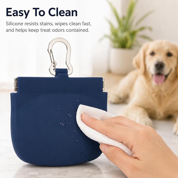 Silicone Dog Treat Pouch for Pet Training One-Hand Access One Cup Silicone Treat Bag with Pull Tab and Auto Closing Lid Treat Pouches for Leash(Color: Blue)