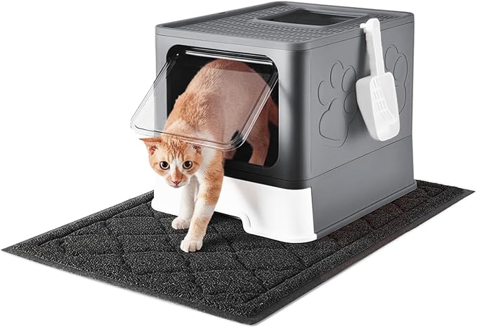 Medario Cat Litter Box with X-Large Litter Mat and Scoop(Upgrade Dark Grey) | Large Covered Litter Box with Lid, Enclosed Kitty Box,Front Top Entry Exit, Odor Control Easy to Clean