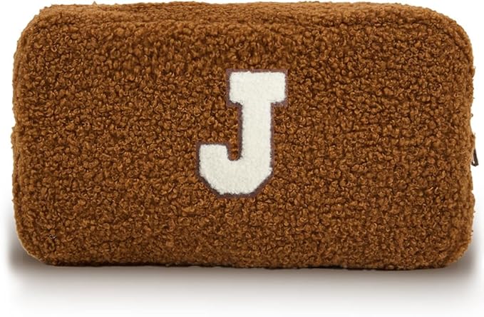 Cute Makeup Bag, Initial Cosmetic Bag, Fuzzy Makeup Bags for Women, Brown Makeup Pouch with Chenille Letter, Monogrammed Gifts for Women, Brown J