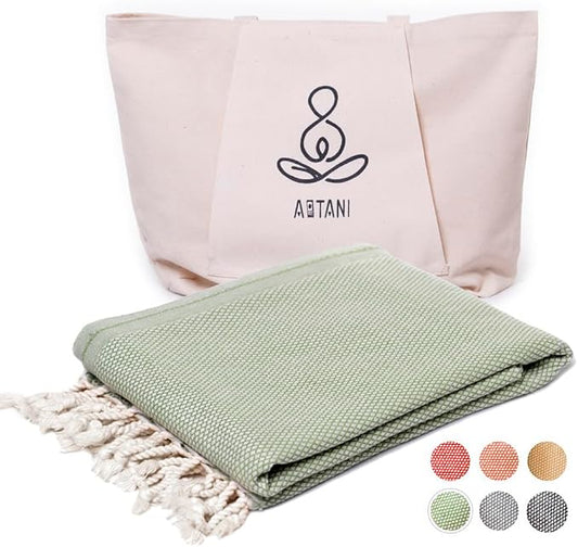 ATANI 69x35 in Oversized Turkish Beach Towel Set with Tote Bag – Quick-Dry 100% Turkish Cotton Peshtemal, Sand-Resistant, Lightweight for Shower, Travel, Pool, Yoga (Green)