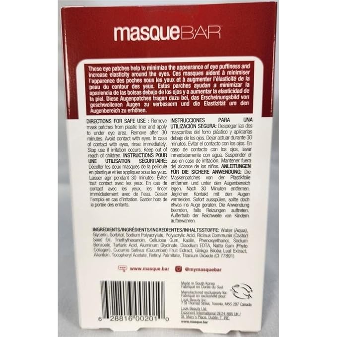 masque BAR Eye Mask Patches Minimizing Puffiness (6 Pairs) – Korean Under Eye Treatment, Hydrating & Smoothing Eye Masks, Boosts Elasticity, Reduces Under Eye Bags