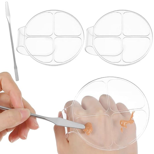 2 Pcs Handheld Acrylic Makeup Palette with 1 Spatula for Foundation, Circular 4 Grid Foundation Mixing Palettes, Clear Handheld Makeup Mixing Palette Nail Art Manicure Tray for Foundations Blending