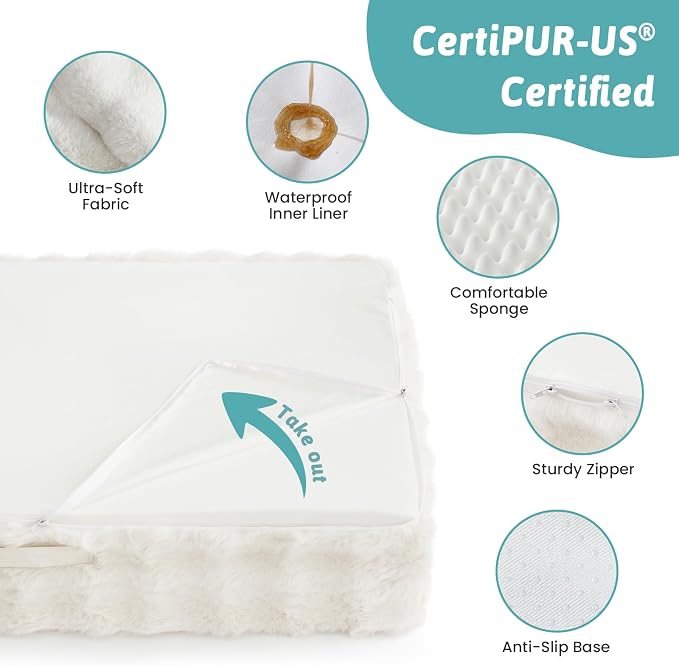 COZY KISS Faux Fur Orthopedic Dog Bed Washable for Large Dogs, L Sized | Soft Warm Pet Sofa with Sides or Bolster, Non-Slip and Big Dog Couch with Removable Waterproof Cover, 36x27 inch, Beige