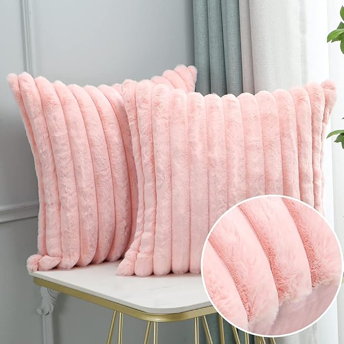 Soleebee Set of 2 Throw Pillow Covers Soft Cozy Velvet Pillowcase Faux Rabbit Fur Cover for Couch Sofa Bed Chair Home Decorative Pillows Cover (18x18 Inch, Pink)