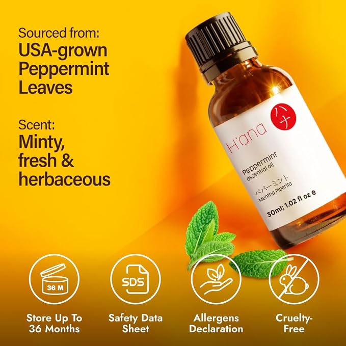H'ana Peppermint Oil - 1.02 Fl Oz Peppermint Essential Oil for Hair, Skin, Diffuser, Aromatherapy & DIY