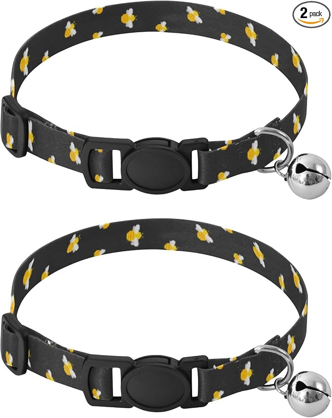 2 Pack Dog Collar Cute Bees Black Puppy Collar with Bell, Adjustable 10.6 to 17.1 Inches