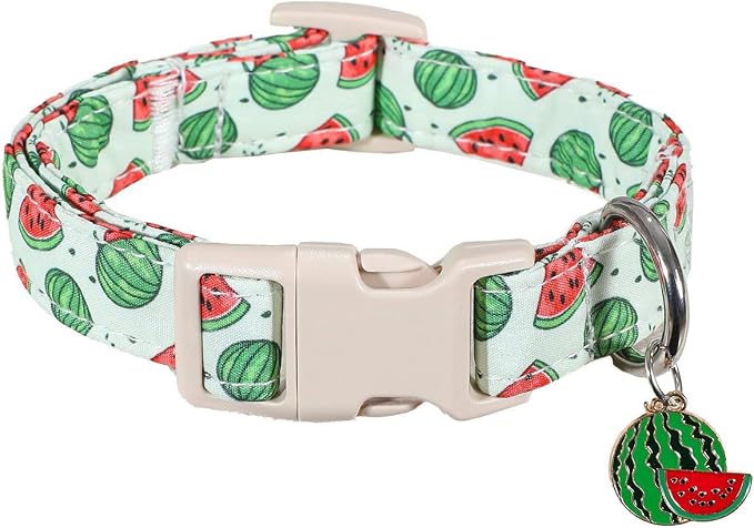 Summer Dog Collar for Medium Dogs, Cute Dog Collar with Watermelon Pattern and Pendant, Green Pet Collar with Soft Cotton Fabric and Robust Buckle
