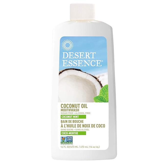 Desert Essence Coconut Oil Mouthwash- Alcohol & Sugar-Free - Coconut Oil & Tea Tree Oil Mouthwash for Adults & Kids 6+ - Promotes Gum Health, Fresh Breath, Soothing