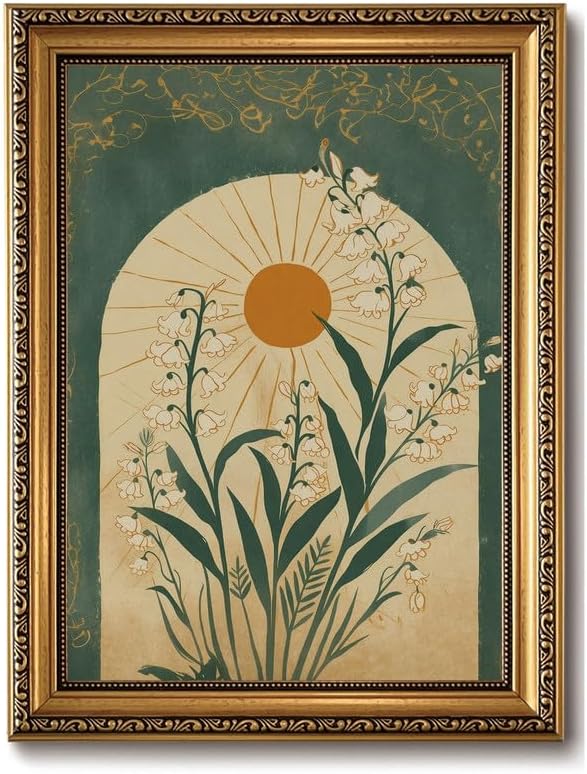 Lily of the Valley Gold Framed Wall Art Vintage Wall Decor Sun Arch Art | Moody Botanical Pictures Canvas Boho Emerald Green Small Framed Prints Artwork for Entryway Shelf Bedside Tables Gallery Wall
