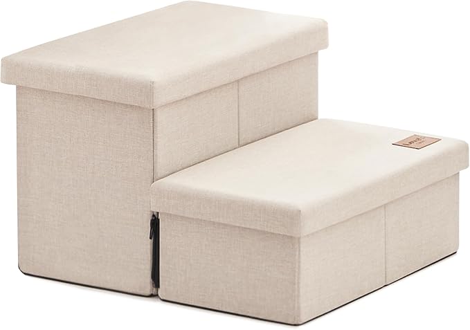 Love's cabin Dog Stairs for High Bed, Foldable Pet Stairs for Small Medium or Large Dogs Puppy with Storage for Bed or Couch, Cat Dog Steps Ramp with Zip up to 200 lbs, Beige, 2 Steps