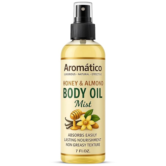 Aromatico Honey & Almond Body Oil Mist for Women – 7 fl oz | Lightweight, Non-Sticky, Spray-on formula for Daily use After Shower | Moisturized, Soft, Glowing Skin | Cozy Honey & Almond Scent