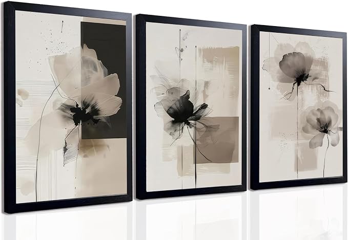 Neutral Abstract Floral Wall Art Black Framed Modern Large Minimalist Canvas Wall Decor Contemporary Beige Black Flower Posters Prints Picture for Living Room Bedroom Bathroom Office 12x16 In
