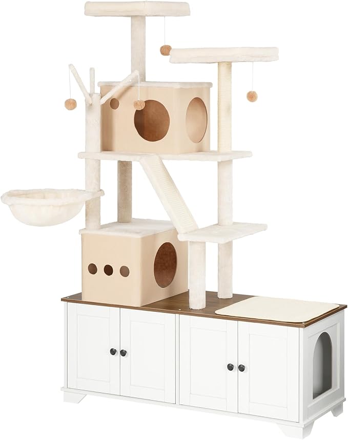 HOOBRO Double Litter Box Enclosure with Cat Tree, 45.3" L x 17.7" W x 68.9" H All-in-One Modern Cat Tower with Bed, Hidden Litter Box Enclosure Furniture, with Hammock, Sisal Posts, White WH22MZ03