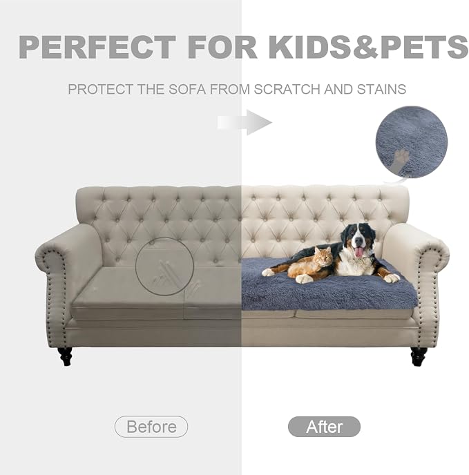 Dogs/Cats Bed Mats, Dog Pad Washable Removable Couch Cover with Anti-Slip Back, Plush Long Fur Mat, Perfect for Small, Medium and Large Dogs.(Navy Blue, 40"x50")