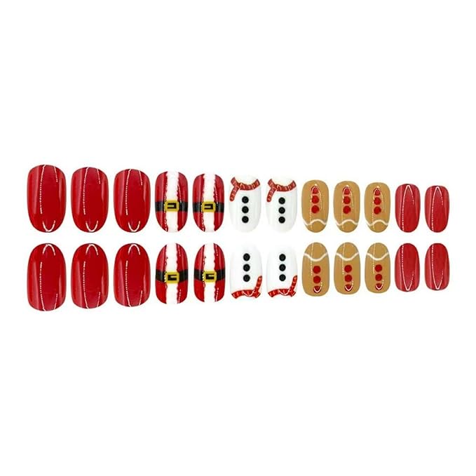 Christmas Press on Nails Red White Fake Nails with Button Design Santa Claus Glue on Nail Artificial Acrylic Glossy Full Cover Xmas Short Almond Stick on Nail for Women Girls Manicure 24Pcs