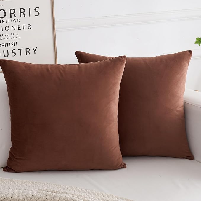 Velvet Decorative Throw Pillow Covers, Soft Square Cushion Case Home Decor for Living Room Couch Bed Sofa, Set of 2 Pack, Brown, 16x16 Inch