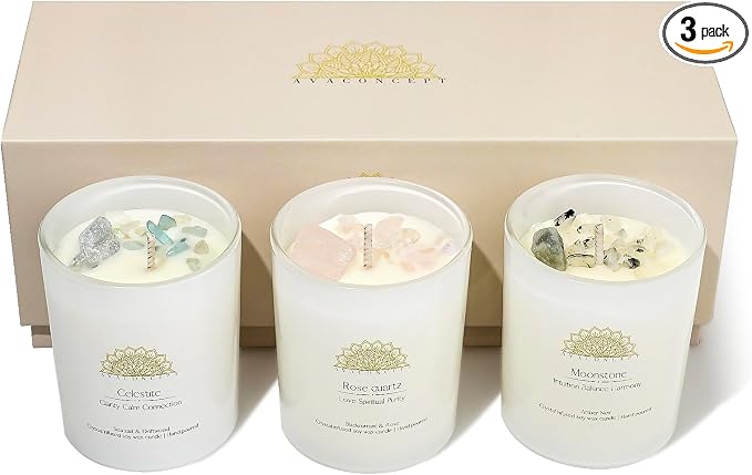 AvaConcept Healing Crystal Candle Gift Set – Set of 3 Celestite, Rose Quartz & Moonstone Hand-Poured Soy Wax Sea Salt Driftwood, Blackcurrant Rose & Amber Noir Aromatherapy Scents Premium Gift Box