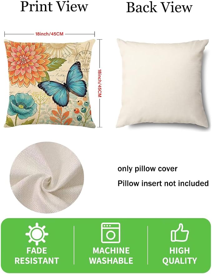 wyooxoo Spring Summer Pillow Covers 18x18 Set of 4 Farmhouse Throw Pillow Covers Linen Flower Butterfly Decorative Pillowcases for Sofa Couch Living Room Outdoor