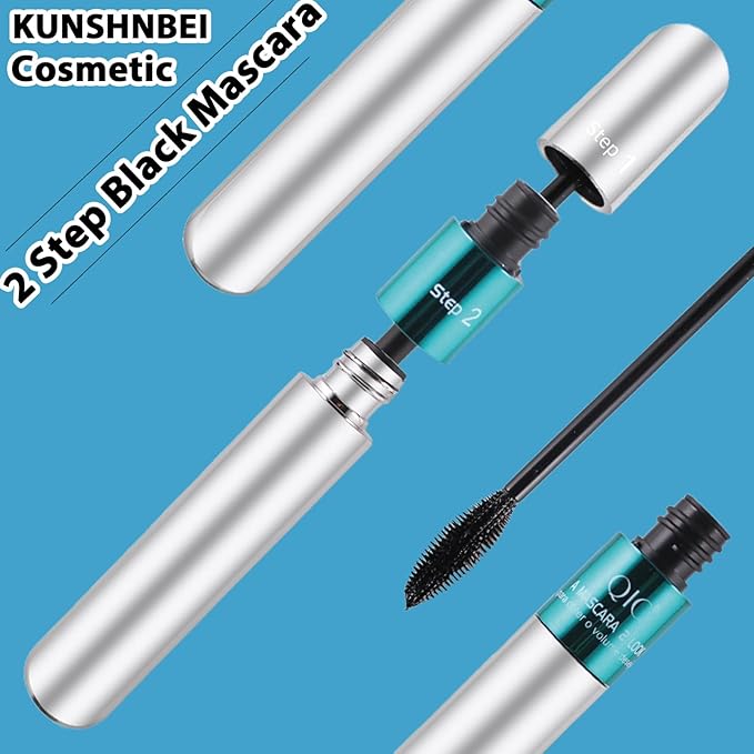 2 Pack 2 in 1 QIC 5x Longer Washable Black Mascara, 4D Silk Fiber Lash 2 Step, No Clumping, Long-lasting Waterproof Lash Cosmetics Beauty Eye Makeup