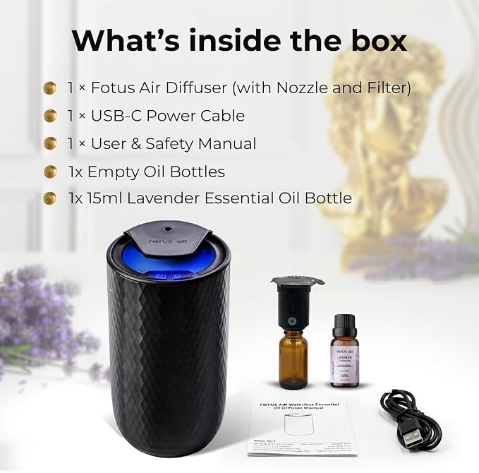 Waterless Essential Oil Diffuser Starter Kit with 15ml French Lavender Oil - Rechargeable Cordless Aromatherapy Machine for Home Bedroom Car Office Travel - 3 Mist Levels - 4 Timer - 24-Hour Battery