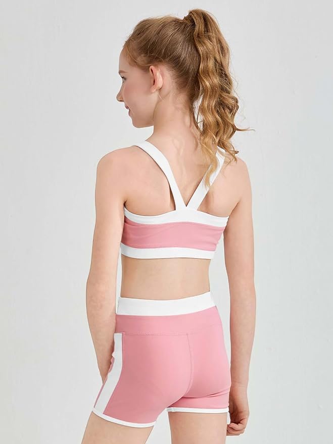 Haloumoning Girls 2 Piece Outfits Athletic Color Block Training Bra and High Waisted Shorts Clothing Sets 5-14Y