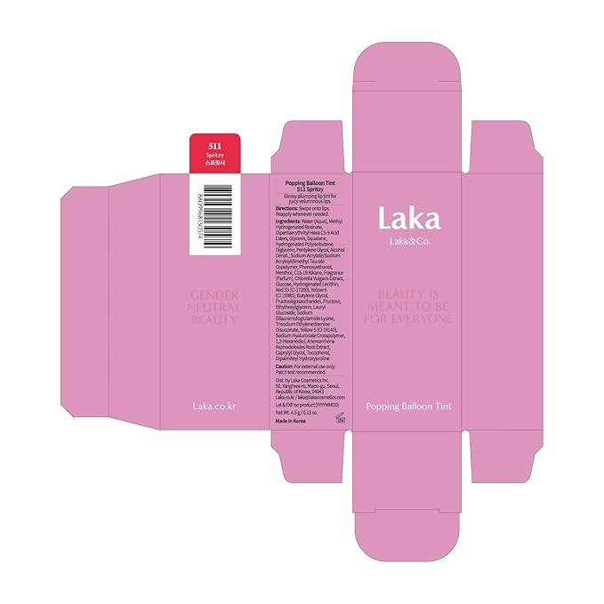 Laka Popping Balloon Lip Stain, 4.5g/0.15oz, Glossy Plumping Lip Tint, Moisturizing, Non-Sticky Texture for All-Day Hydration, Vegan, K-Beauty (#511 Spritzy)