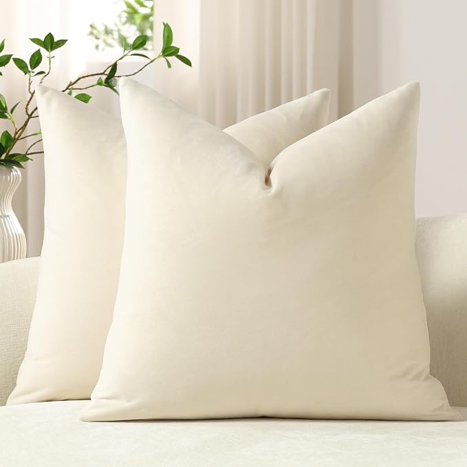 Euro Sham Covers 24x24 Cream: Pack of 2 Cozy Soft Velvet Square Modern Luxury Decorative Throw Pillow Cases for Sofa Couch Living Room Bed Home Decor