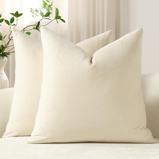 Euro Sham Covers 26x26 Cream: Pack of 2 Cozy Soft Velvet Square Modern Luxury Decorative Throw Pillow Cases for Sofa Couch Living Room Bed Home Decor