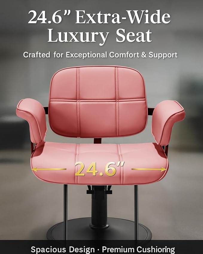 Barber Salon Chair, Extra Wide Hair Styling Chair with Heavy Duty Hydraulic Pump, 360° Swivel Height Adjustable Braiding Design, Luxury Beauty Salon and Barbershop Equipment, Pink