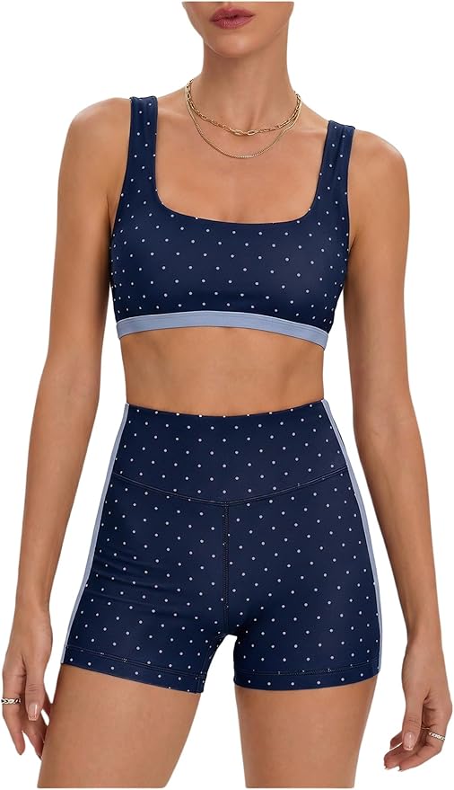 Milumia Women's Polka Dots Workout Set 2 Piece Color Block Bra Tank High Waisted Biker Shorts Layered Matching Yoga Outfit