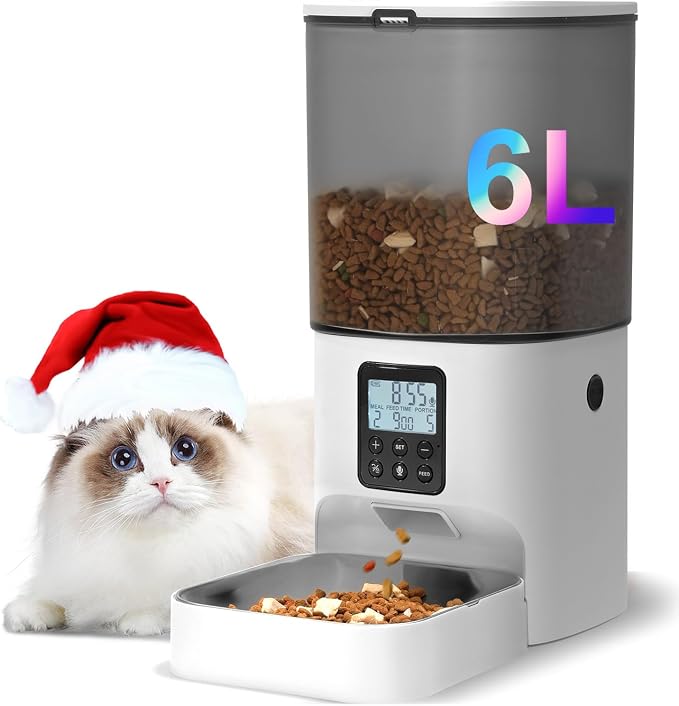 Automatic Cat Feeder, 6L Cat Food Dispenser with 10s Voice Recorder, Pet Feeder up to 8 Meals per Day, Timed Feeder with Dry Food Sealed Ring (Jade White)