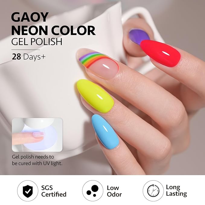 GAOY Neon Bright Gel Nail Polish Set, 6 Colors Summer Orange Hot Pink Glow in Dark, Soak Off UV Light Cure Gel Polish Kit for Nail Art DIY at Home