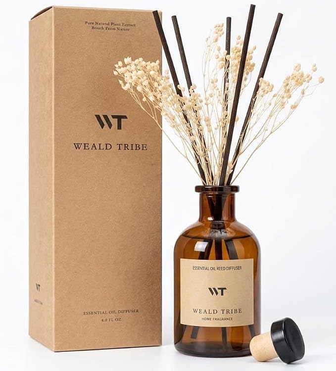 WEALD TRIBE Reed Diffuser Set for Bathroom Air Fresheners, Oil Diffuser Sticks | White Jasmine Scent 4.0 fl oz Home Fragrance with Sticks Defusers | House Bedroom Office Shelf Decor