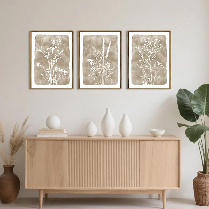 ANHUIB Beige Floral Canvas Wall Art Neutral Botanical Wall Decor 12x16 Inch Set of 3 for Living Room Bedroom Bathroom