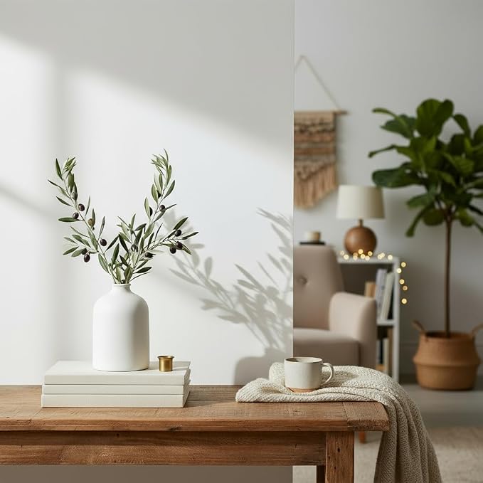 Carrot's Den White Ceramic Vase, Matte Textured Entryway Table Decor | Textured matte finish, 7 in tall. Holds olive branches, eucalyptus, or dried greenery on a coffee table or shelf.