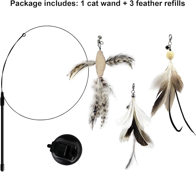 Cat Feather Wand Toy with Suction Cup, 2 in 1 Hands Free & Handheld Interactive Cat Teaser, Long Flexible Steel Wire Stick, 3 Replaceable Feather Bird Attachments with Bells for Indoor Kittens & Cats.