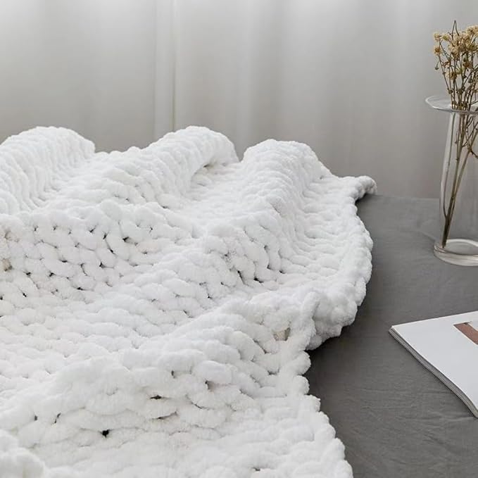 Soft Chunky Knit Throw Blanket for Couch, Cozy Warm Knitted Blankets | Hand Knit with Jumbo Chenille, Lightweight Warm Fluffy Decor for Women, Mom, Her & Girls, Sofa, Chair, Bed, 40"×60" (White)