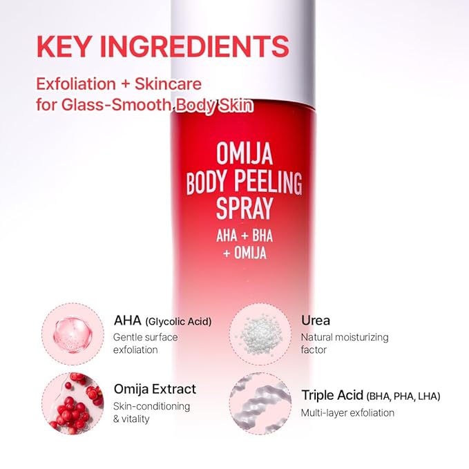 PARNELL AHA Omija Ceramic Body Peeling Spray – AHA BHA PHA Body Exfoliant for Keratosis Pilaris, Strawberry Legs, Dark Spots & Dead Skin Remover – Chemical Exfoliant, Rough Skin 4.60 fl.oz